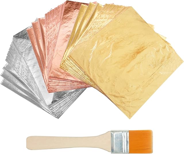 KINNO Gold Leaf Sheets,Multipurpose Gold Leaf for Gilding, Art, Silver Leaf Sheets for Crafts, Resin Art, Furniture, Canvas, Decorating,300 Sheets 16 x 16 cm Gold Leaf Kit
