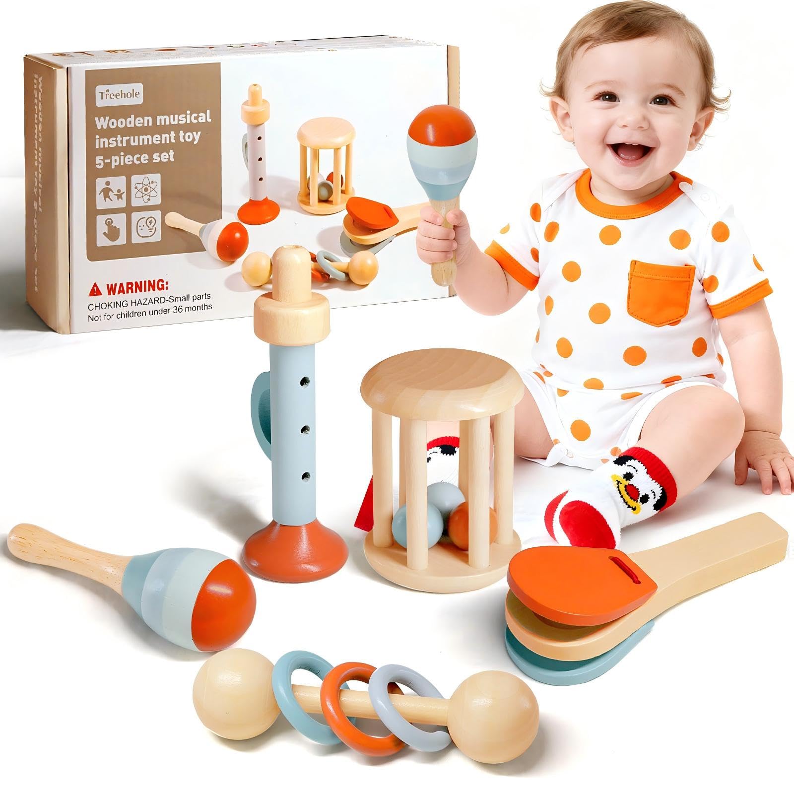 Teverellsax Giochi Neonato 3 6 9 Mesi, 5pc Sonaglio Neonato 3 6 9 Mesi, Giochi Montessori 6 Mesi, Strumenti Musicali Bambini Allenamento Sensoriale, RegaloNeonato Maschio Femmina