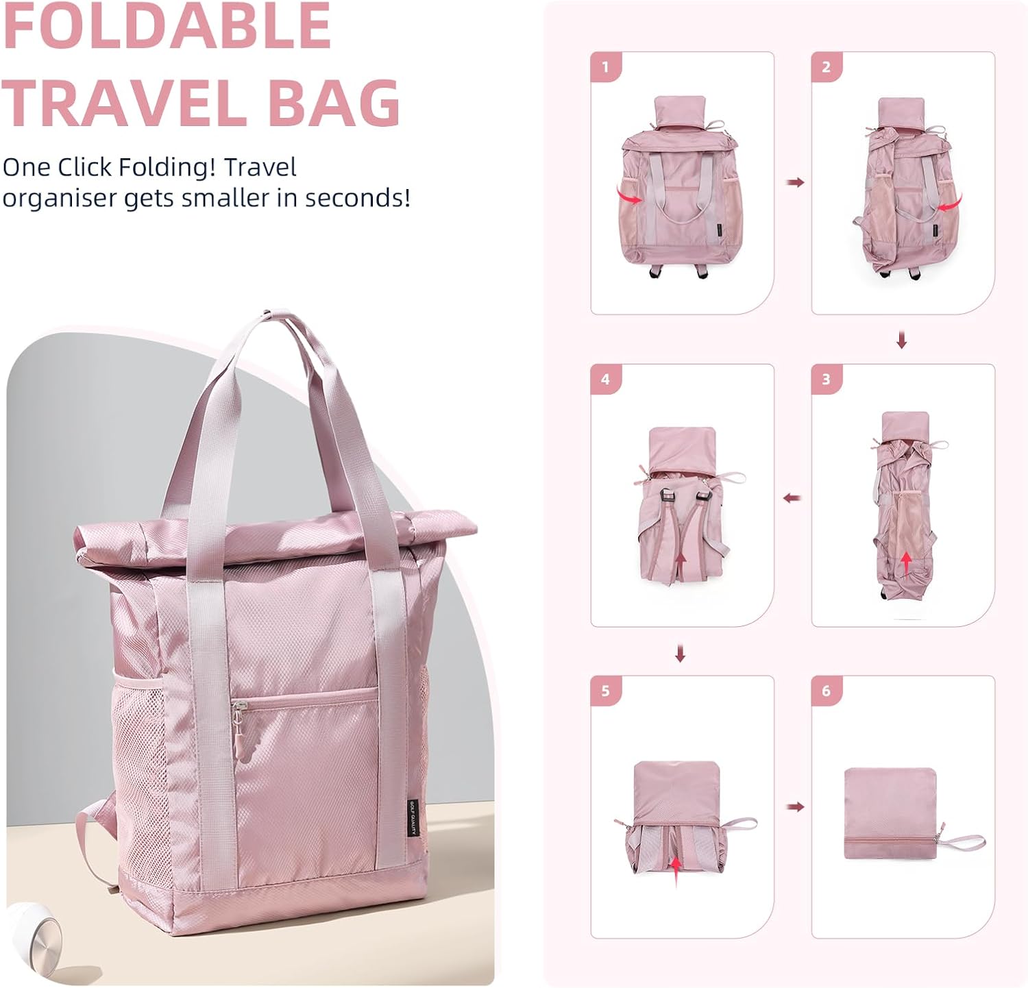 Foldable Convertible Tote Backpack Lightweight Versatile Nylon Daypack for Women Work Leisure Travel,Berry Pink - Image 5