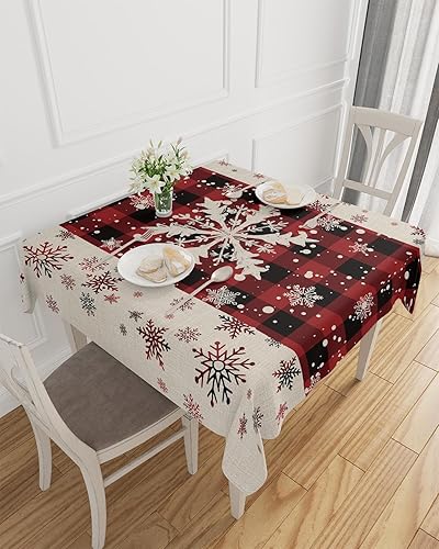 Manteles cuadrados  redondos de copo de nieve de Navidad de 52 x 52 pulgadas, mantel a cuadros rojos y negros, sin arrugas, decoración de mesa para