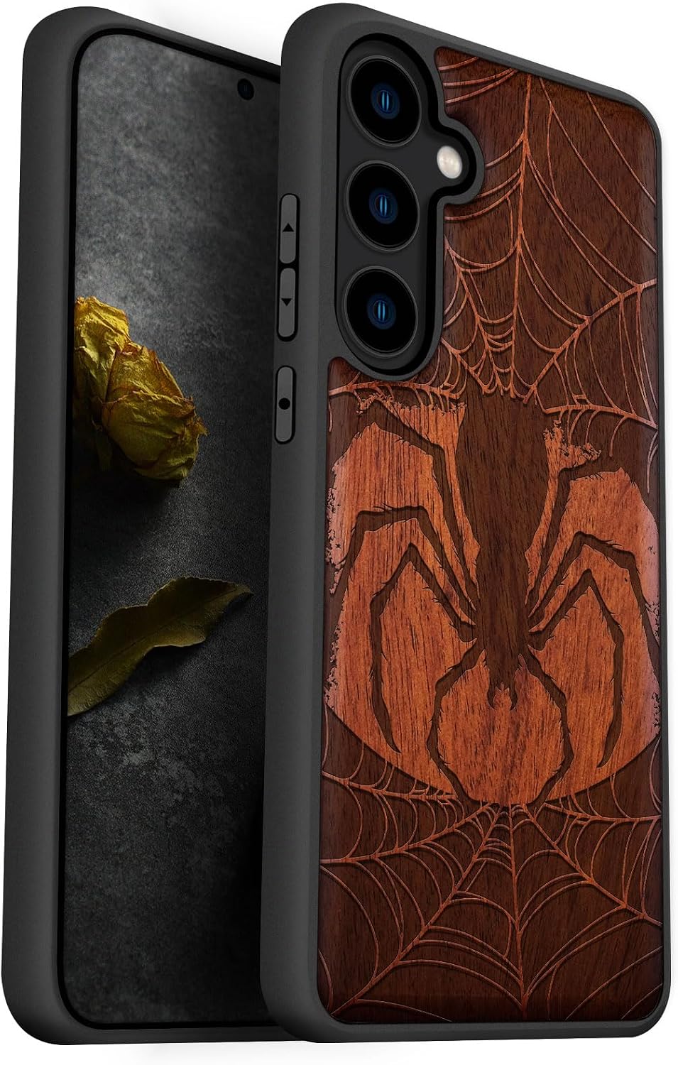 Carveit Wood Case for Galaxy S24 Plus Case [Natural Wood & Black Soft TPU] Shockproof Protective Cover Unique Wooden Design Compatible with S24 Plus (Shadowed Skull-Blackwood)