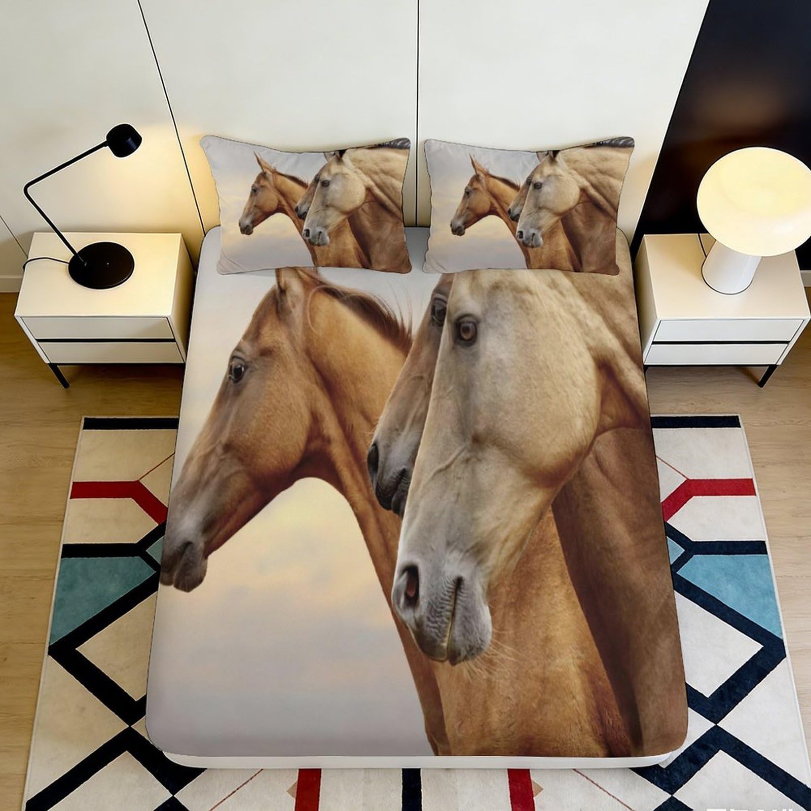 3D Printed Brown Horse Portrait Fitted Sheet Microfiber Non Slip Bed Cover for Bedroom Dorm Mattress Decor 180x200x25cm