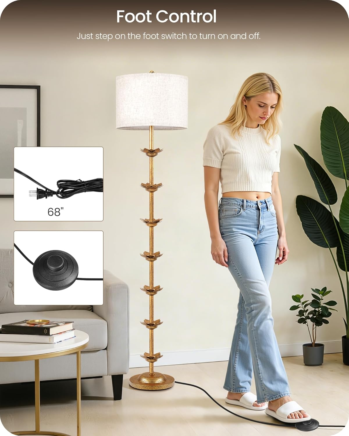 63.8” Floor Lamp with Landen Leaf, Antique Gold Standing Lamp with Foot Switch, Metal, Beige Linen Drum-Shaped Shade, Bulb Not Included, for Bedroom, Living Room D20LD05