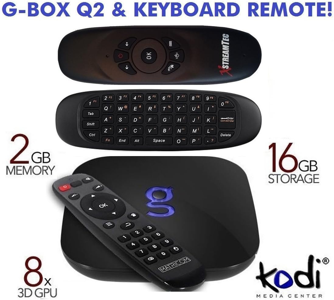 Matricom G-Box Q2 Android TV Box with Air Mouse Keyboard Remote, Quad / Octo Core Kodi TV Box [ 2GB / 16GB / 4K ]. Gbox Q 2 Mini PC with XstreamTec Wireless RF QWERTY Keyboard Remote