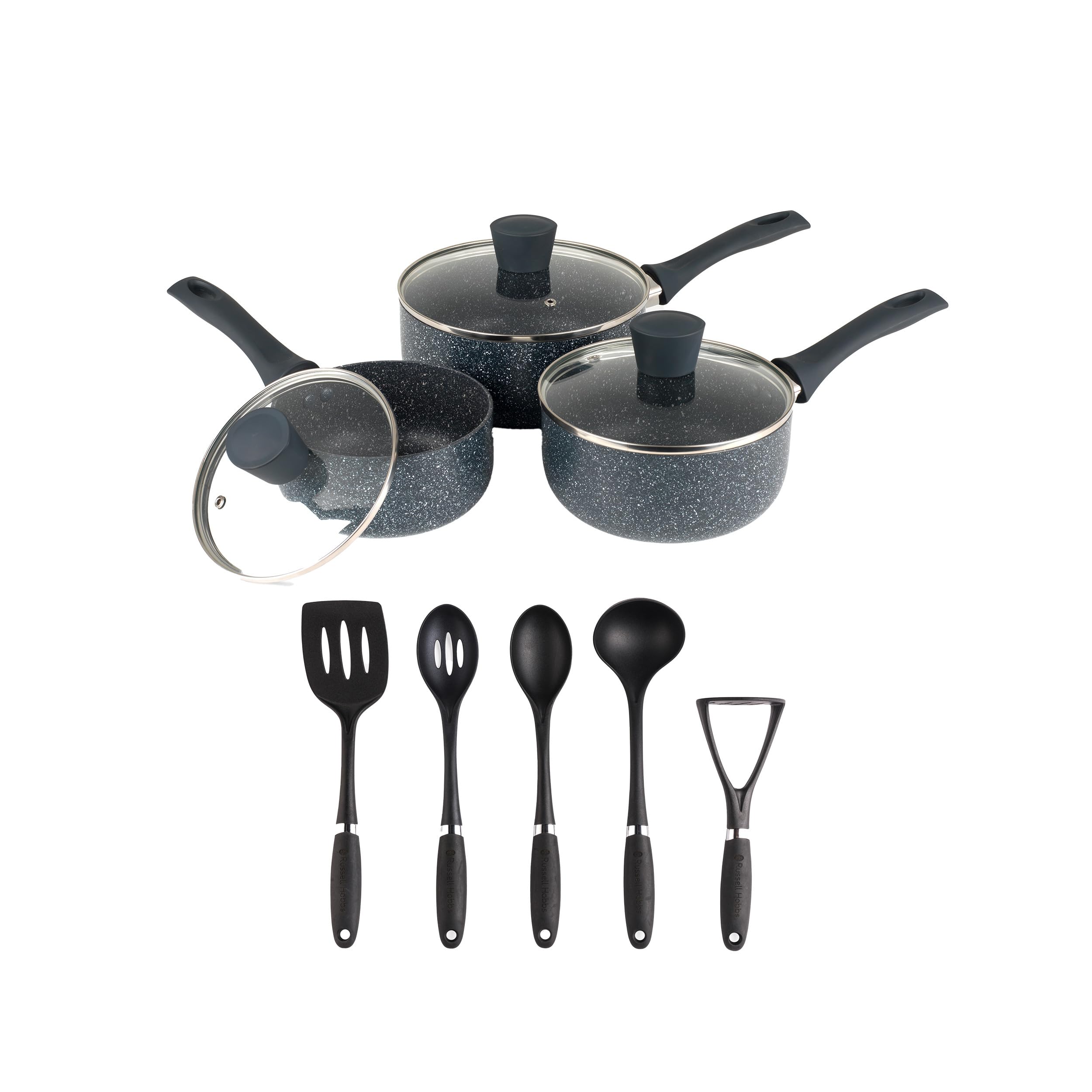 Russell Hobbs 8-Piece Pan & Utensil Set - 16/18/20 cm Non-Stick Saucepans, Glass Lids Included, Induction, Forged Aluminium, Masher, Spatula, Slotted/Solid Spoon, Ladle, Soup, Sauces, Easy to Clean