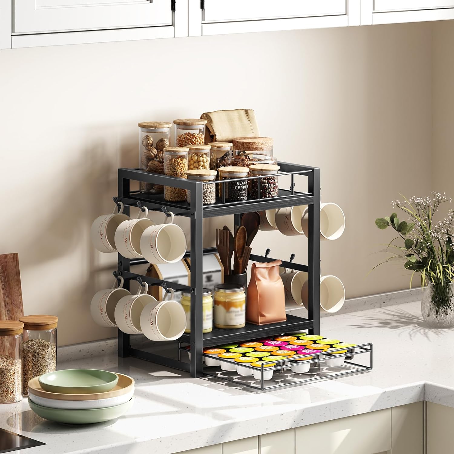 HOOBRO Coffee Mug Cup Holder, Tree Bar Station Organizer for Countertop, 12 Hooks Mug Stand Rack with Sliding Drawer for 30 K-Cup Pods, 2 Tier Mug Display Stand, Black BB11TL01