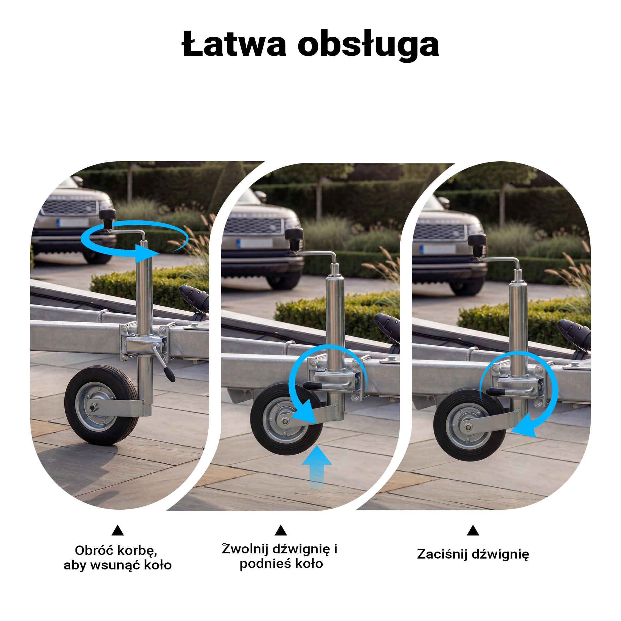 Koło podporowe do przyczepy z obejmą i zaciskami do 362kg obciążenia podporowego 48mm