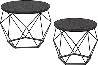 VASAGLERound Coffee Table, Set of 2, Side Table, Sofa End Table, Modern Style, Removable Top, Steel Frame, for Living Room, Black LCT041B22