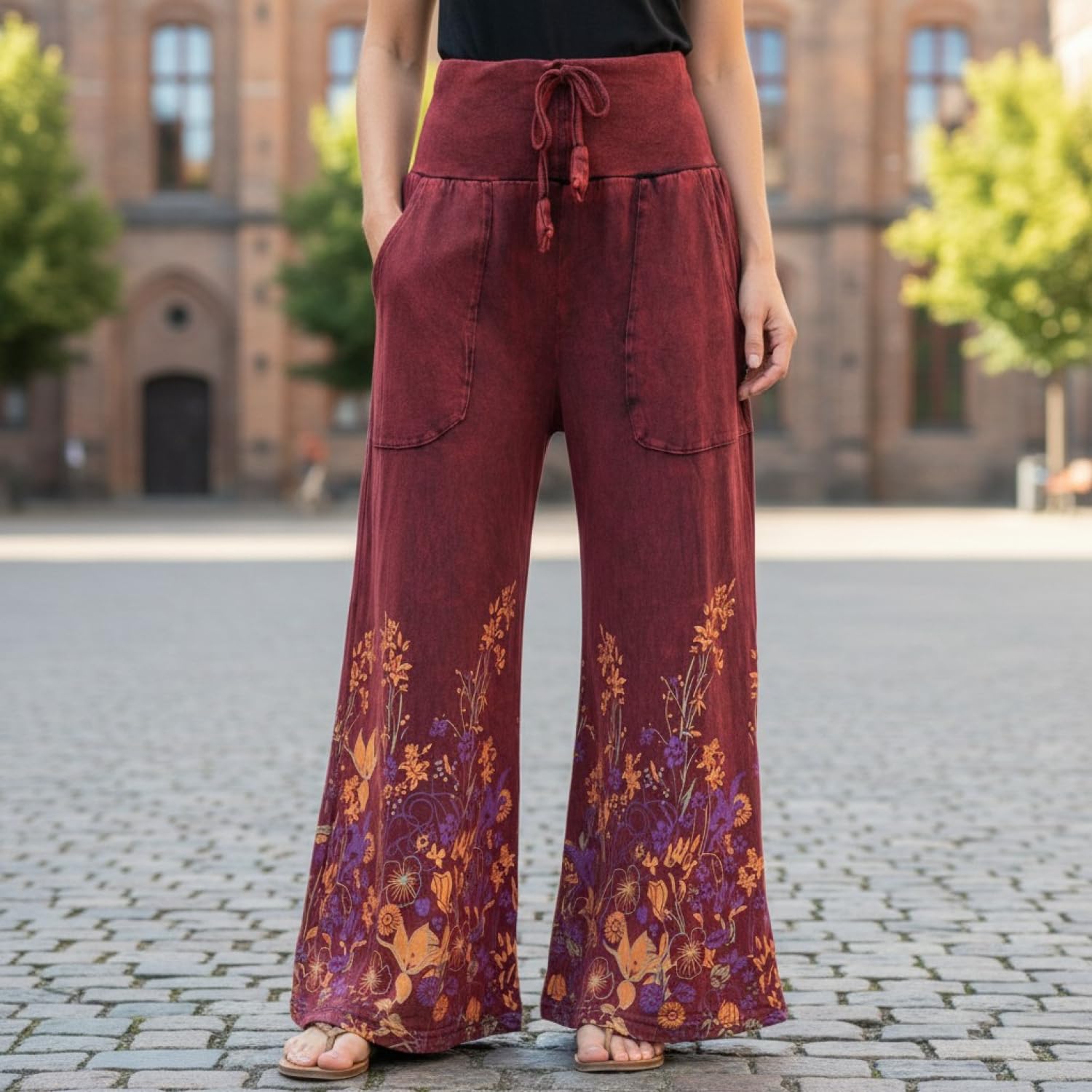 GURU SHOP Palazzo Pantalon Coton Pantalon Hippie à Fleurs Pantacourt Femme Coton Pantalon Alternative Vêtements, rouge bordeaux, W42