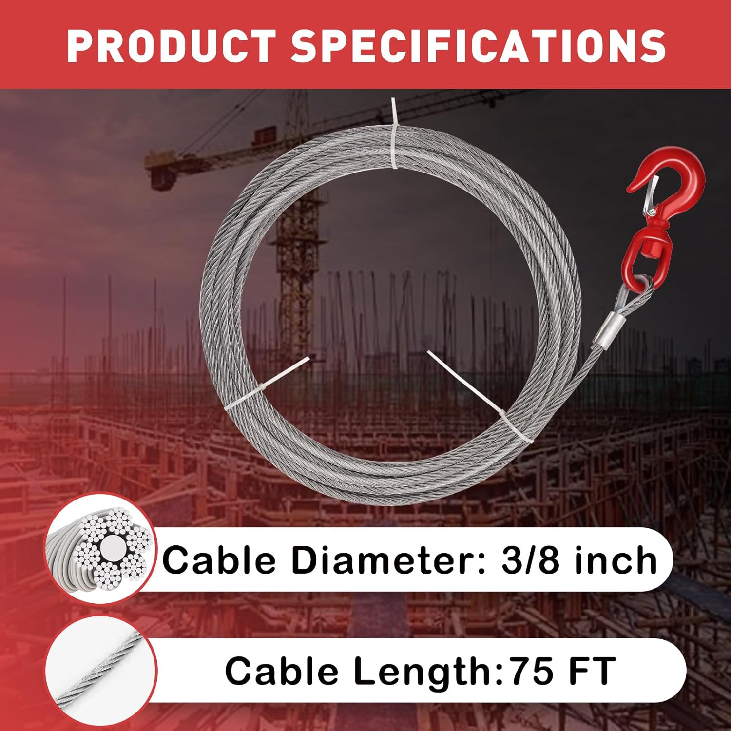 Steel Winch Cable,3/8" x 75' Wire Rope with Swivel Hook,17637 Lbs Breaking Strength,6x19 Strand Core Steel Towing Cable for Tow Truck,Crane,Wrecker - Image 2