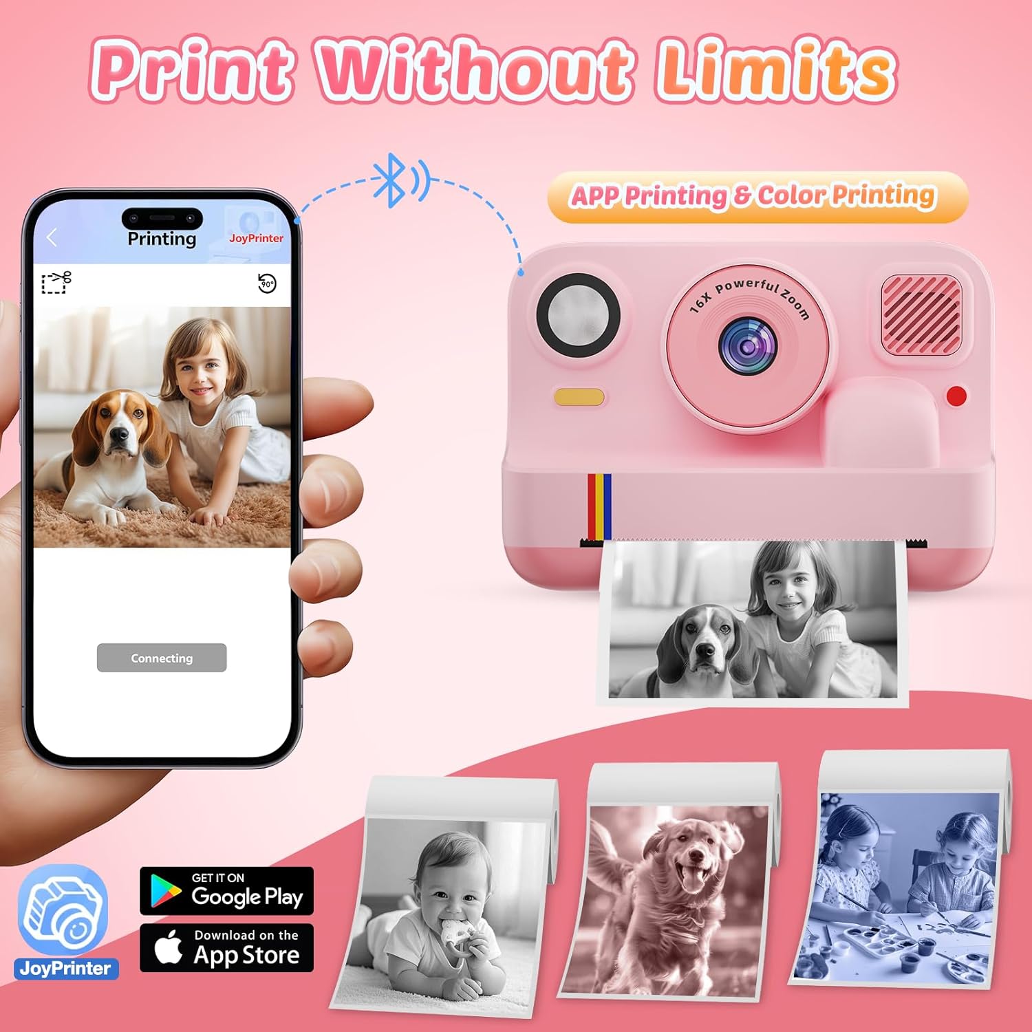Kids Camera Instant Print, Christmas Birthday Gifts for Girls, Support DIY Bluetooth Printing, 1080P HD Video Digital Camera with 32G TF, Toddler Toys for Boys Ages 3-13 Years Old_Pink