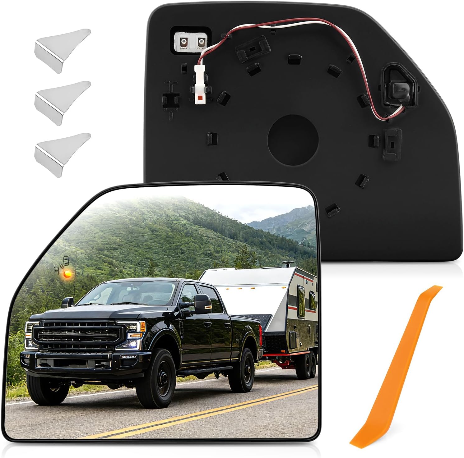 TOP-MAX Driver Side Mirror Glass Compatible with Ford F150 2015-2020, F250 F350 F450 Super Duty 2017-2022, Upper Left Side Mirror Replacement with Power Heated & Blind Spot Detection, HC3Z-17K707-A
