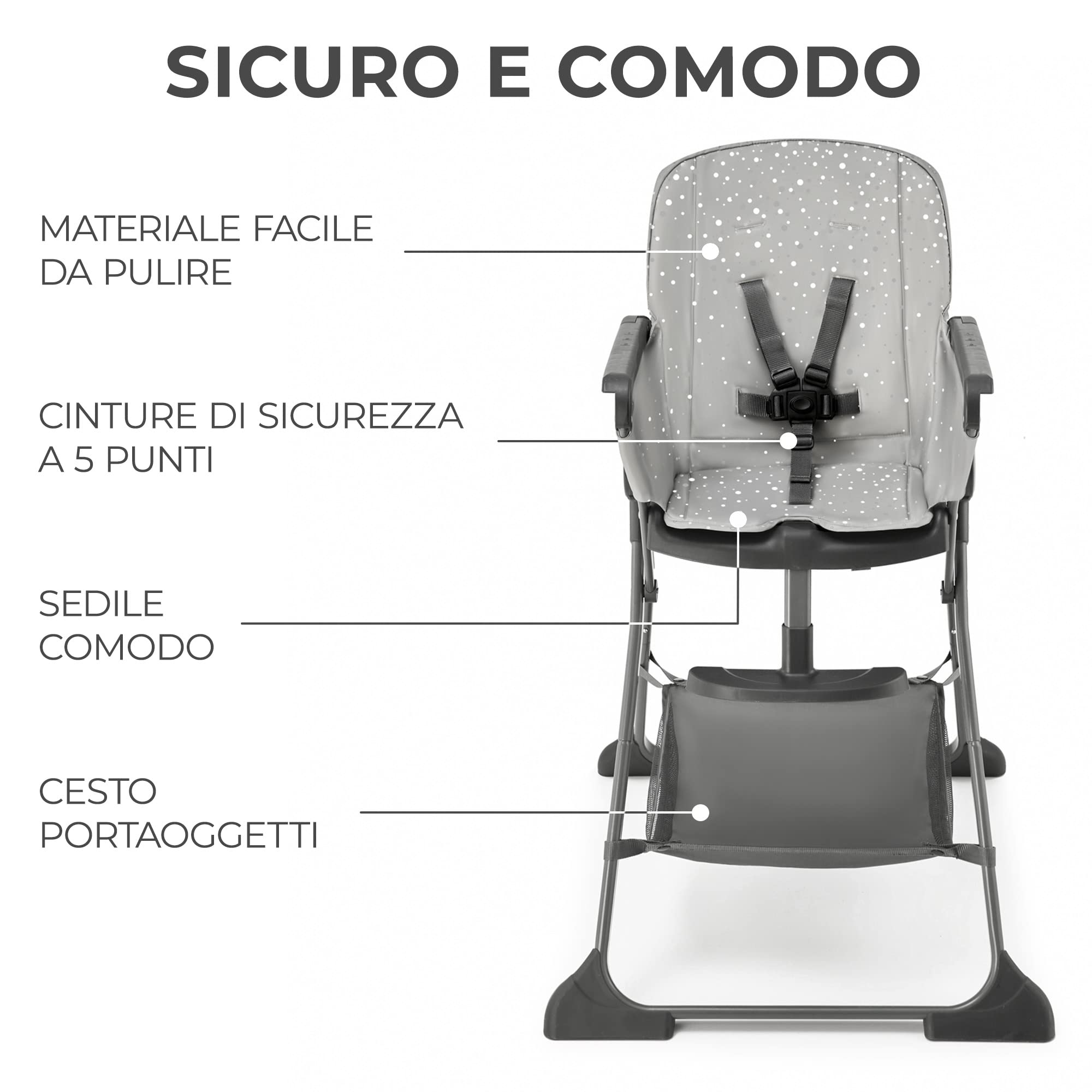 Kinderkraft FOLDEE Seggiolone Pappa Pieghevole Regolabile Grigio