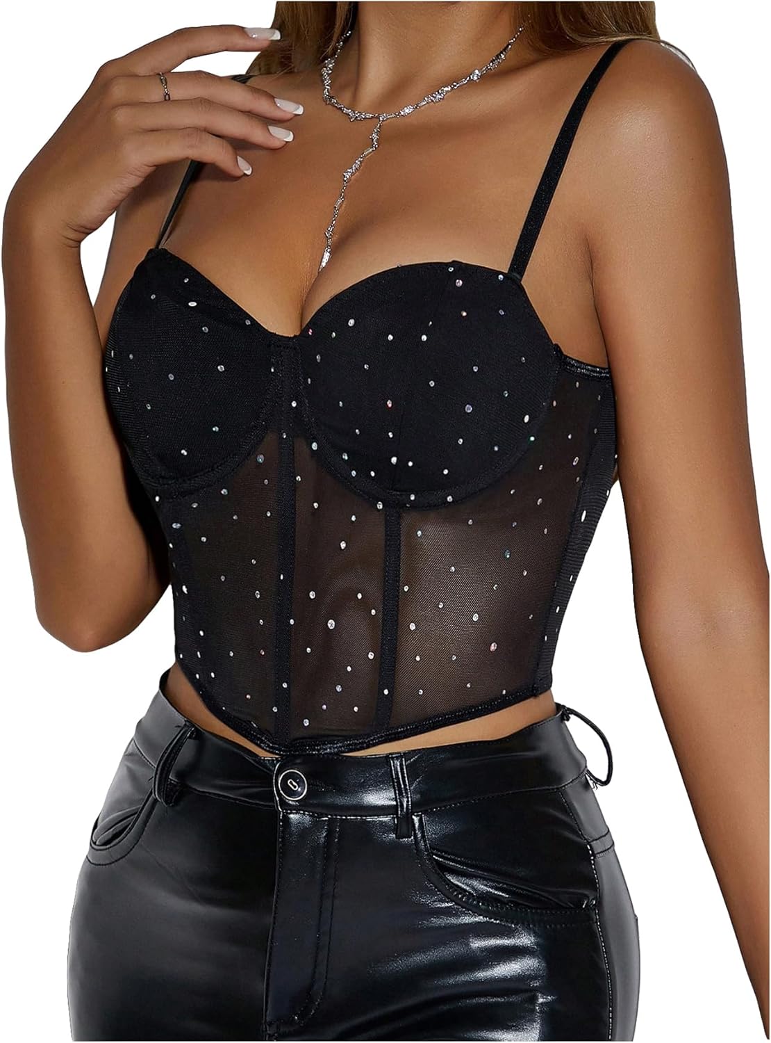 SweatyRocks Women's Rhinestone Mesh Sheer Corset Sleeveless Crop Cami Top Night Out Tops