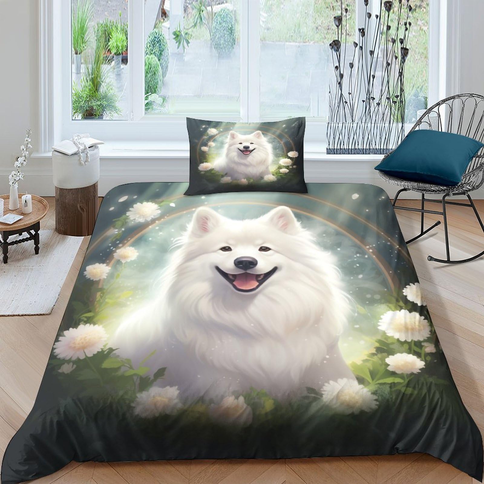 Housse de couette Samoyède 3D anti-plis en microfibre hypoallergénique facile à laver 135x200cm