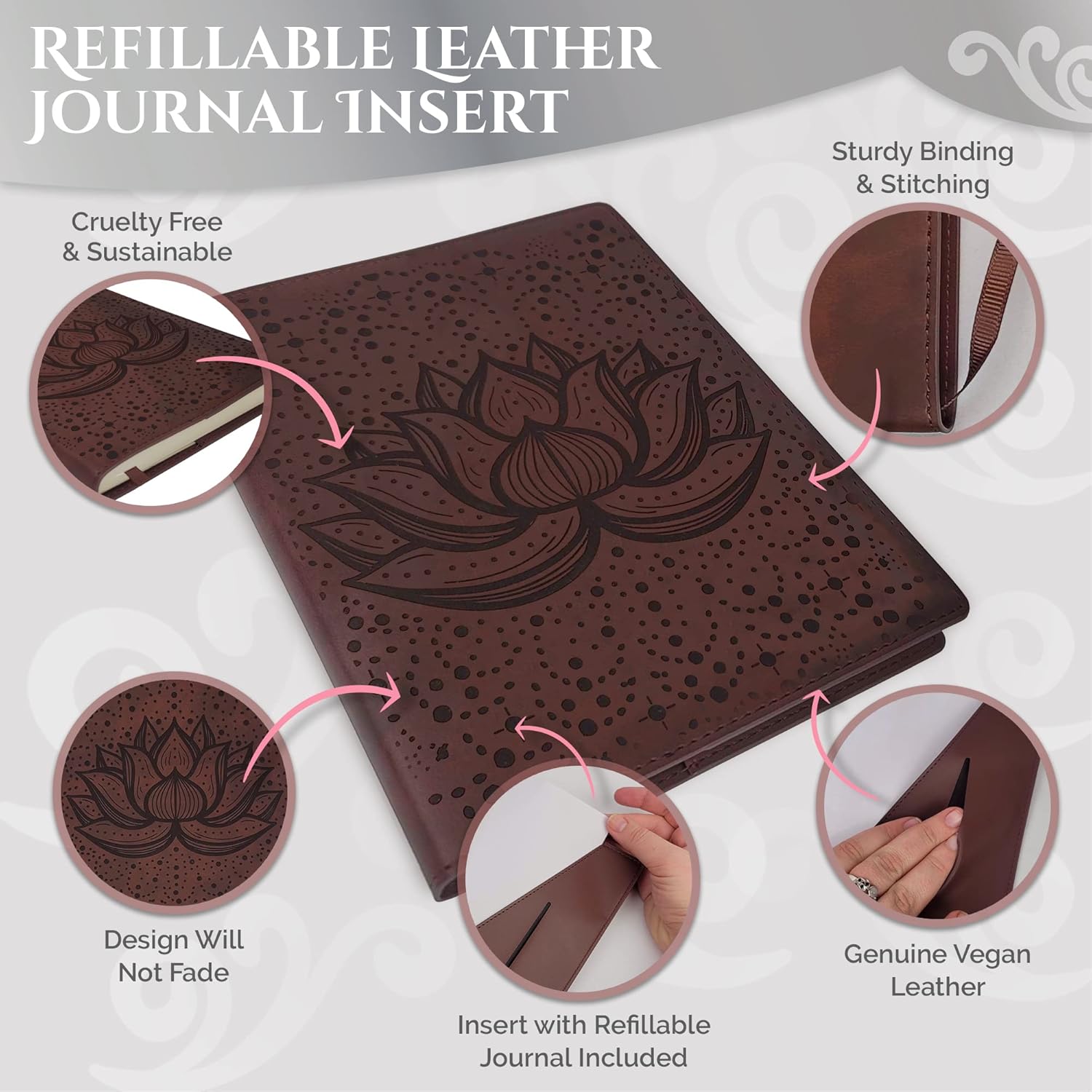 Lotus Leather Journal | Refillable Laser Engraved Journal for Women | Vegan Leather Flower Journal with Lotus