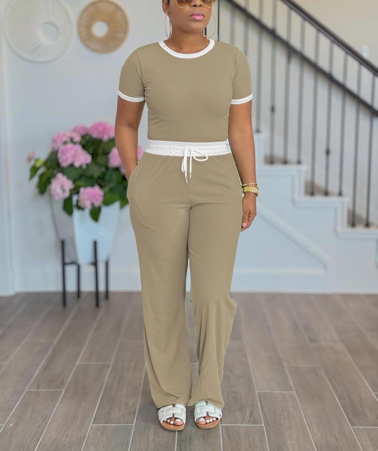 HTD Womens 2 Piece Outfits Casual Sweatsuits Set Short Sleeve Matching Sets Tracksuit - Image 2