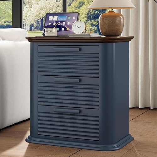Miniatura 18 de Mesita de noche acanalada de 22 pulgadas con estación de carga, mesa auxiliar moderna con 2 cajones y almacenamiento abierto, mesita de noche de