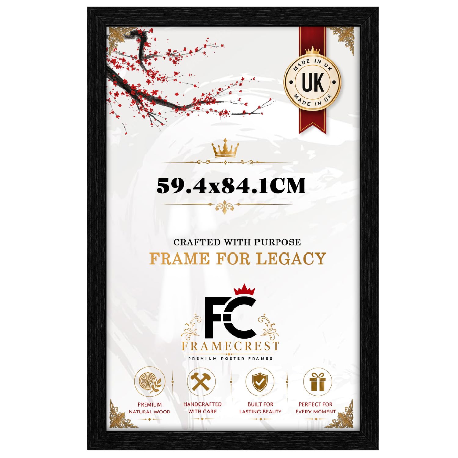 FRAMECREST 59.4x84.1cm Poster Frame Black | MDF Engineered Wood Picture Frame with Crystal Clear Perspex | Portrait or Landscape Wall Mount for Photos, Posters & Artwork - [Black]
