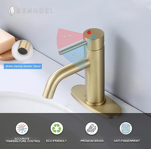 Miniatura 5 de Grifo de baño de un solo agujero dorado cepillado, grifo Senhozi para fregadero de baño, un orificio con placa de cubierta de 1 orificio de 6