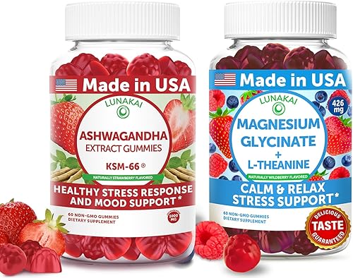 Lunakai Paquete de gomitas Ashwagandha KSM-66 y glicinato de magnesio fabricadas en Estados Unidos, apoyo diario para el estado de ánimo y el
