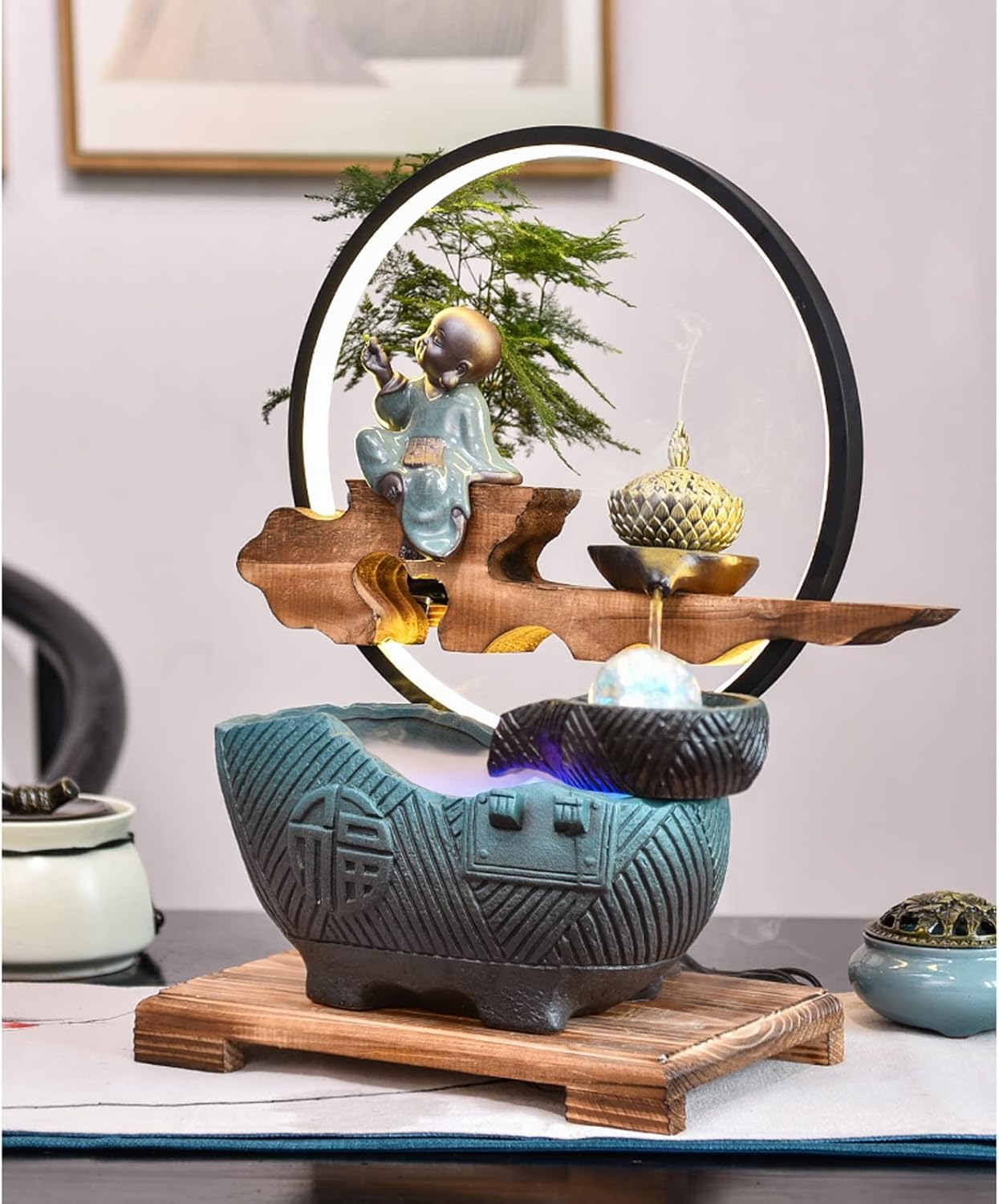 カスケード噴水 屋内噴水 卓上噴水 LEDライトとローリングボール付き 風水禅滝噴水 リラクゼーションウォーター機能 瞑想 デスクト