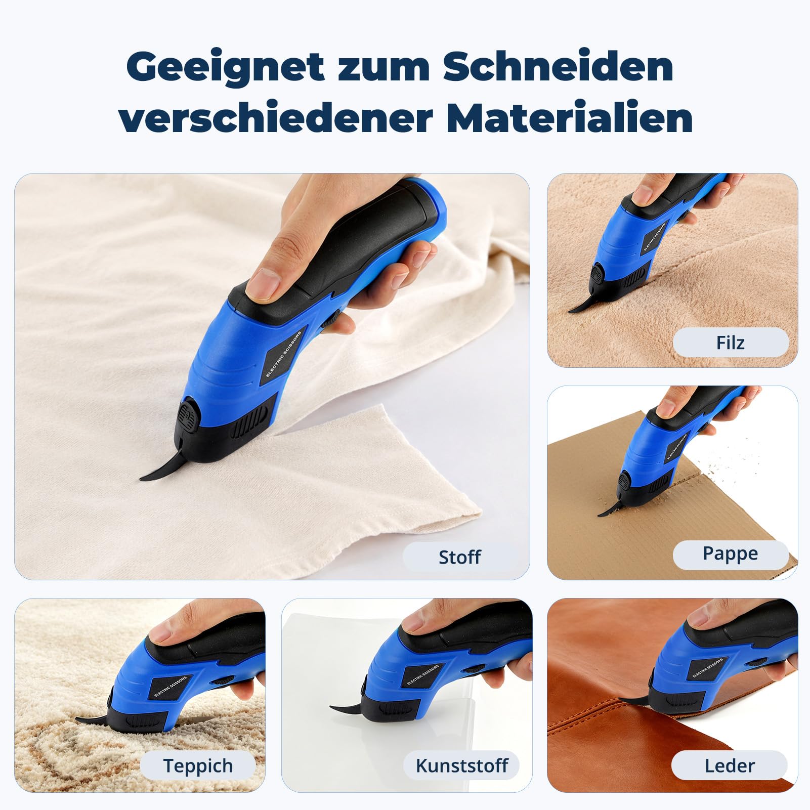 Elektrische Schere Kabelloser Schneider, Wiederaufladbare elektrische Schere, Ausgestattet mit 2 austauschbaren Schneidköpfen für Handwerk zum Schneiden von Karton Leder und Kunststoff Teppich Topfpfl