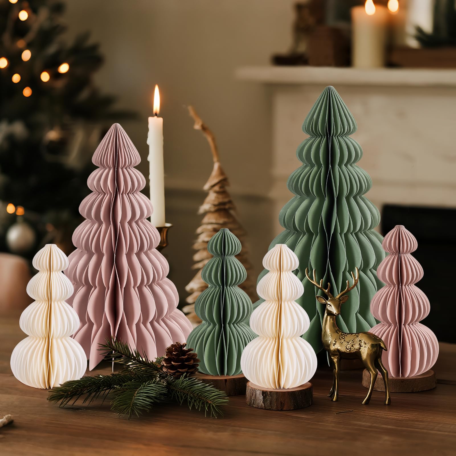 6 Stücke Papier Weihnachtsbaumschmuck Waben Deko Weihnachten Faltbarer Weihnachtsbaum Tischdeko Weihnachten Deko Weihnachten Innen für Esstisch Schrank Fensterbank Kaminsims