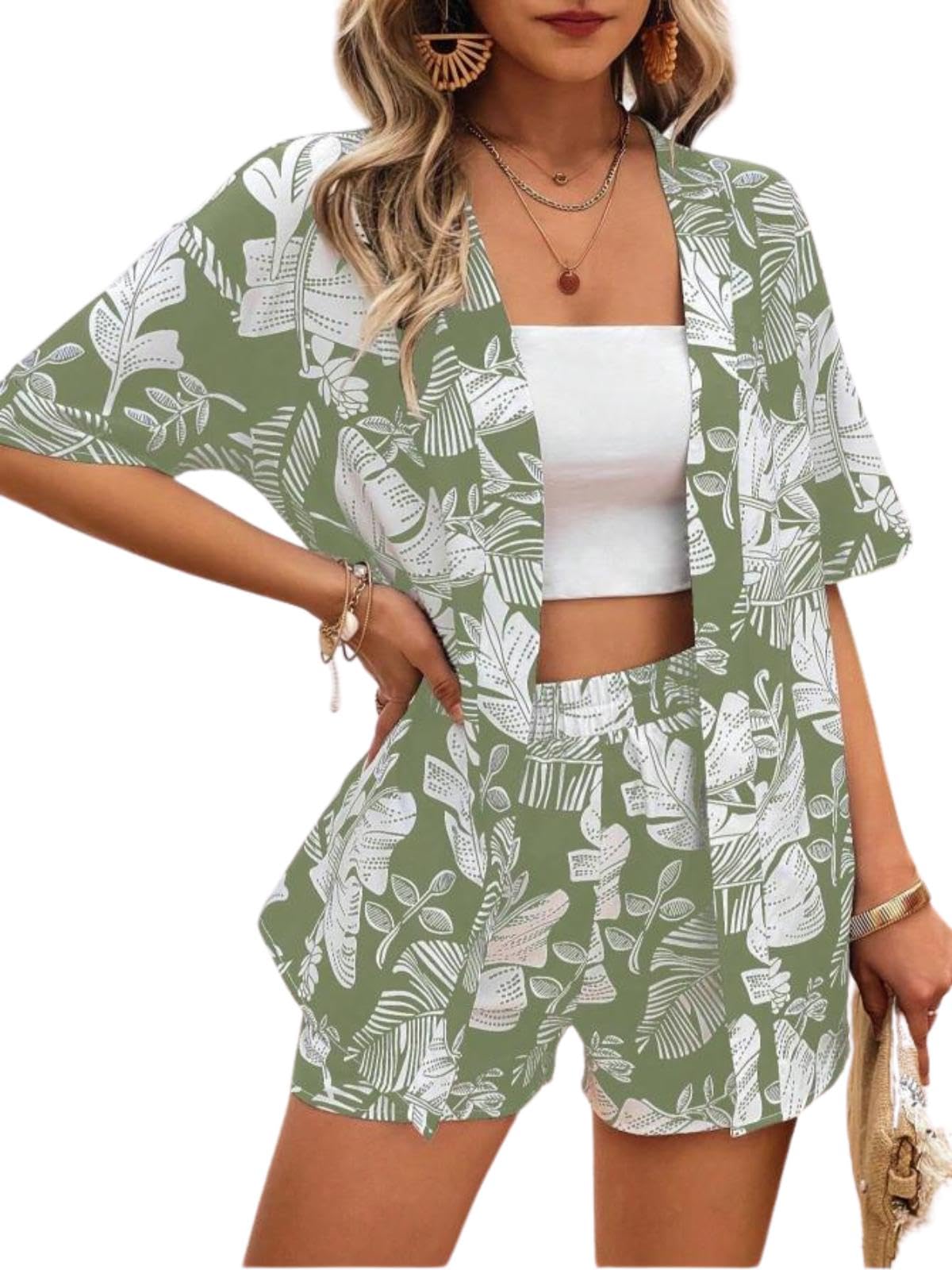 Women'S Rayon Tropical Co-Ord Set – Kimono Sleeve Shirt With High Waist Shorts & Tube Top For Summer Beachwear (GL-W2263&SH300-L-GREEN)