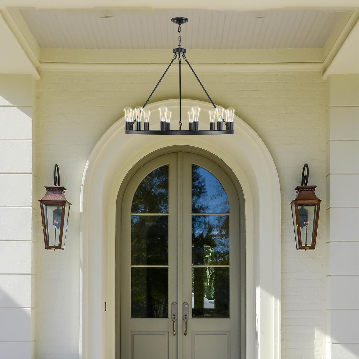 12 Lights Wagon Wheel Chandelier,31.5 inch Black Round Rustic Industrial Vintage Farmhouse Chandeliers for Outdoor Porch High Ceilings Living Dining Room Foyer Entryway