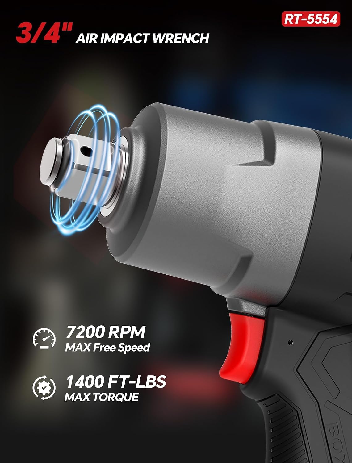 ROTAKE 3/4 Inch Air Impact Wrench, 1400 Ft.lbs Pneumatic Gun Tool, Compact Heavy Duty Air Wrench for Light Trucks, Farm Equipment, and Automotive Maintenance, RT-5554
