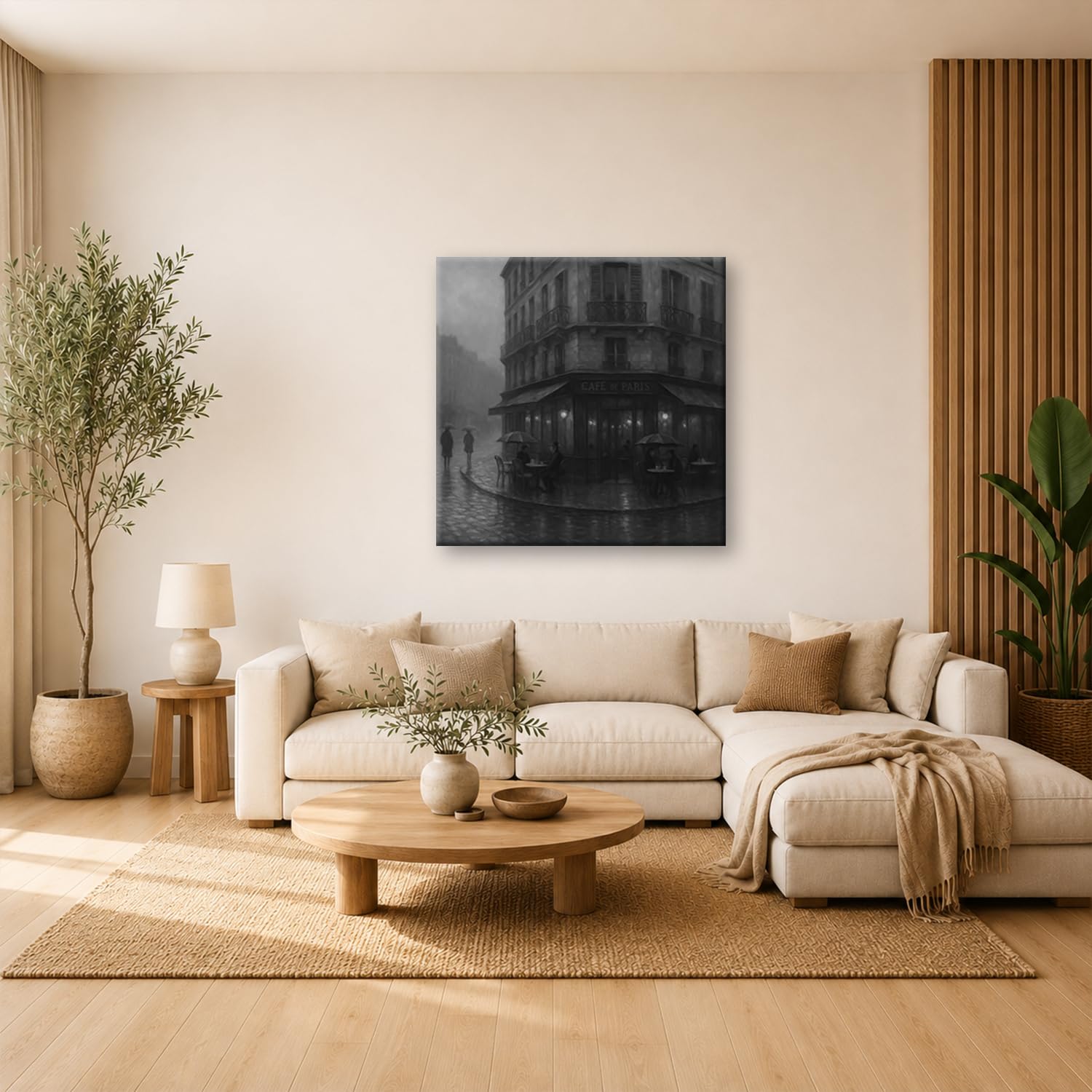 deyoli Obraz na płótnie Deszczowy wieczór przed kawiarnią Paryż 40 x 40 cm czarno-biały | Kwadratowy jednoczęściowy druk artystyczny XXL na blejtramie | obraz na płótnie | obraz ścienny | dekoracja salonu