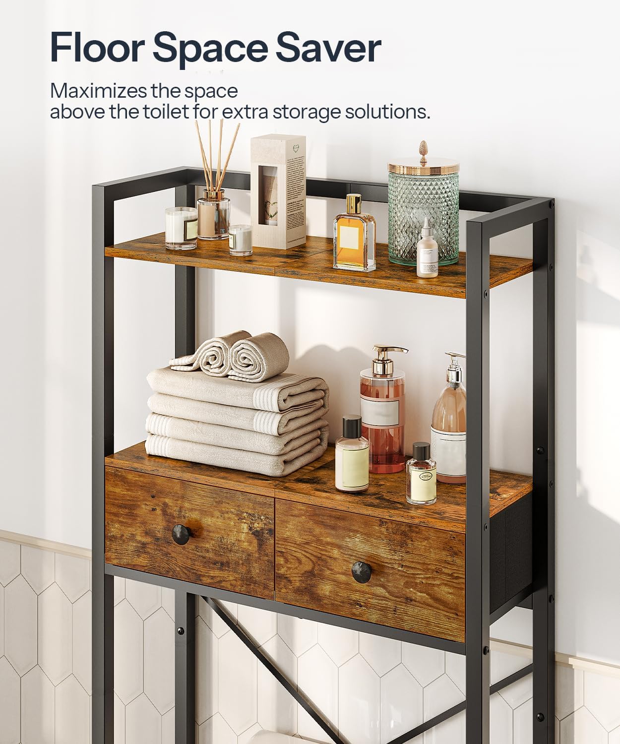Close-up of the HOOBRO BF47TS01 storage rack shelves filled with various bathroom items like towels, lotions, and decorative objects.
