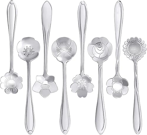 Maitys Juego de 16 cucharas de café con flores de acero inoxidable, para postre, azúcar, helado, cucharas de té para vajilla, cocina, café o bar