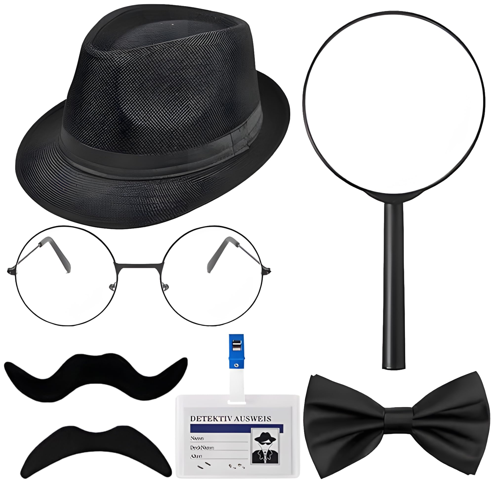7PCS Detective Costume Accessories Set,Fancy Dress Kit with Black Hat,2 Fake Mustaches,Bow Tie,Black Frame Glasses,Magnifying Glass,Work ID for Adults Halloween Cosplay Carnival Party Outfits