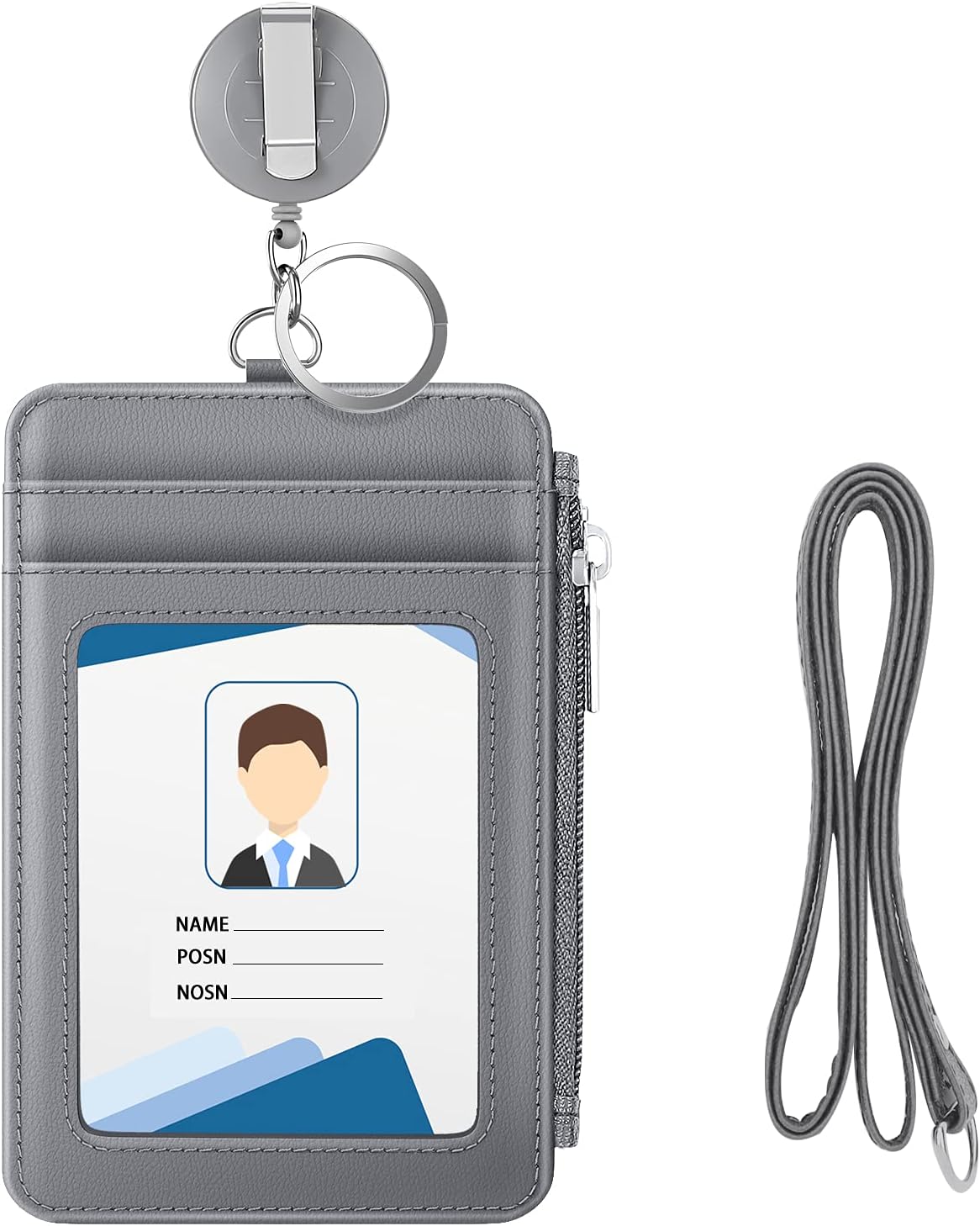 MoKo Retractable Badge Holder, PU Leather ID Badge Reel Clip Card Holder with Key Ring and Leather Lanyard, Gray