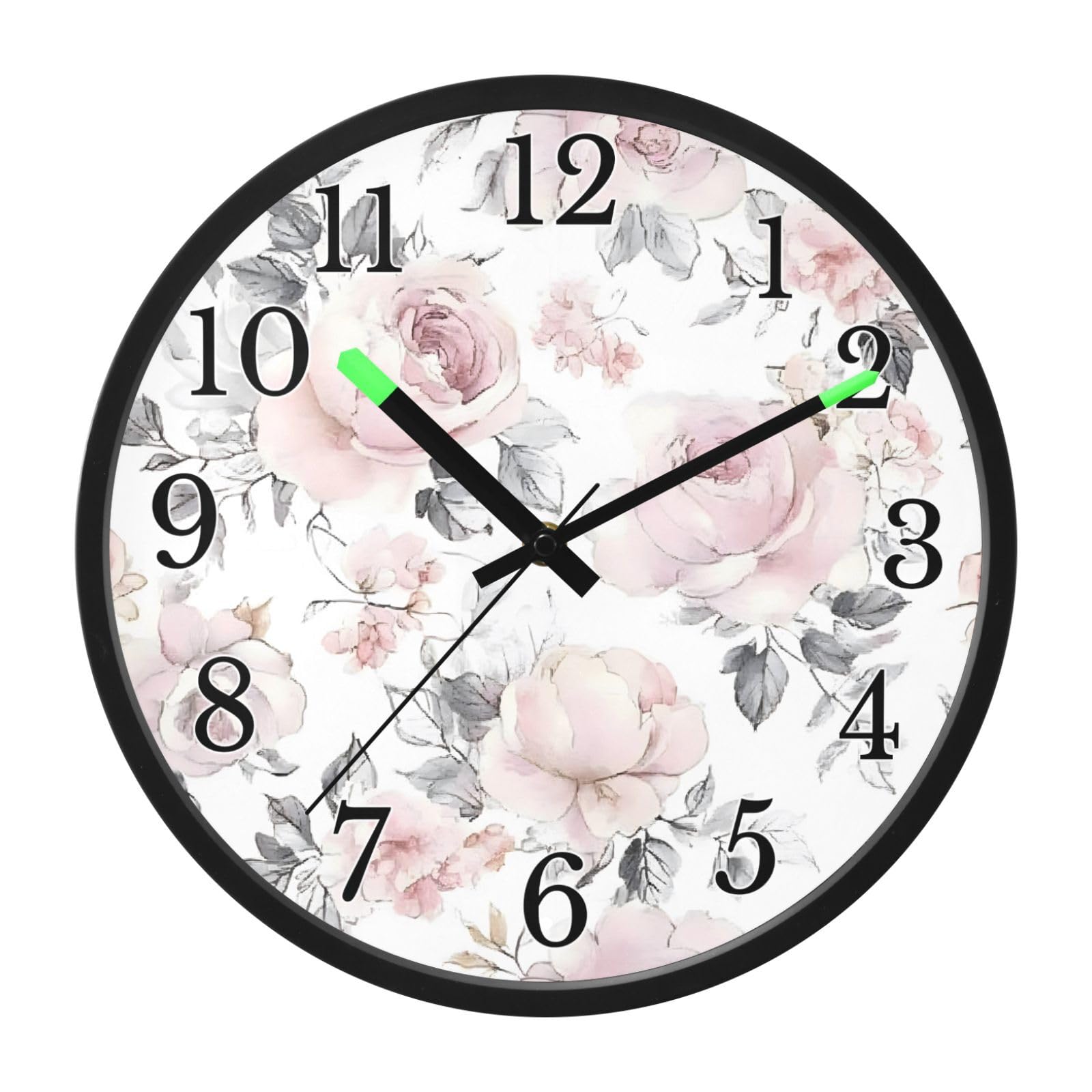 Mnsruu Reloj de pared luminoso con diseño de rosas rosas, hojas grises, funciona con pilas, silencioso, brilla en la oscuridad, para sala de estar, cocina, 12 pulgadas