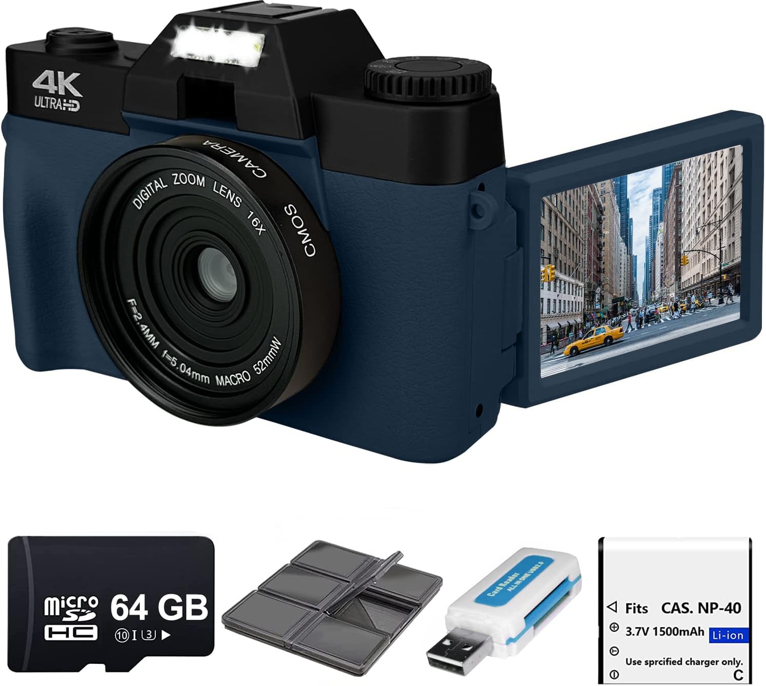 Acuvar 4K 56MP Digital Camera for Photography, Vlogging Camera for YouTube with 3’’ 180° Flip Screen, WiFi, 16X Zoom, Rechargeable Battery, 64GB Micro SD Card, 6 PC Card Holder, USB Card Reader (Navy)