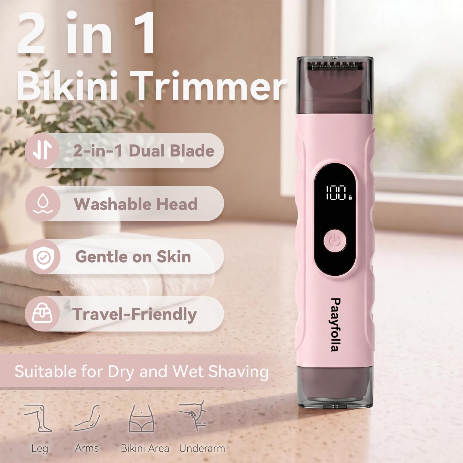 Rasoio per bikini da donna, 2 in 1, senza fili, elettrico, impermeabile, ricaricabile, rasoio portatile per viso, gambe (rosa-1)