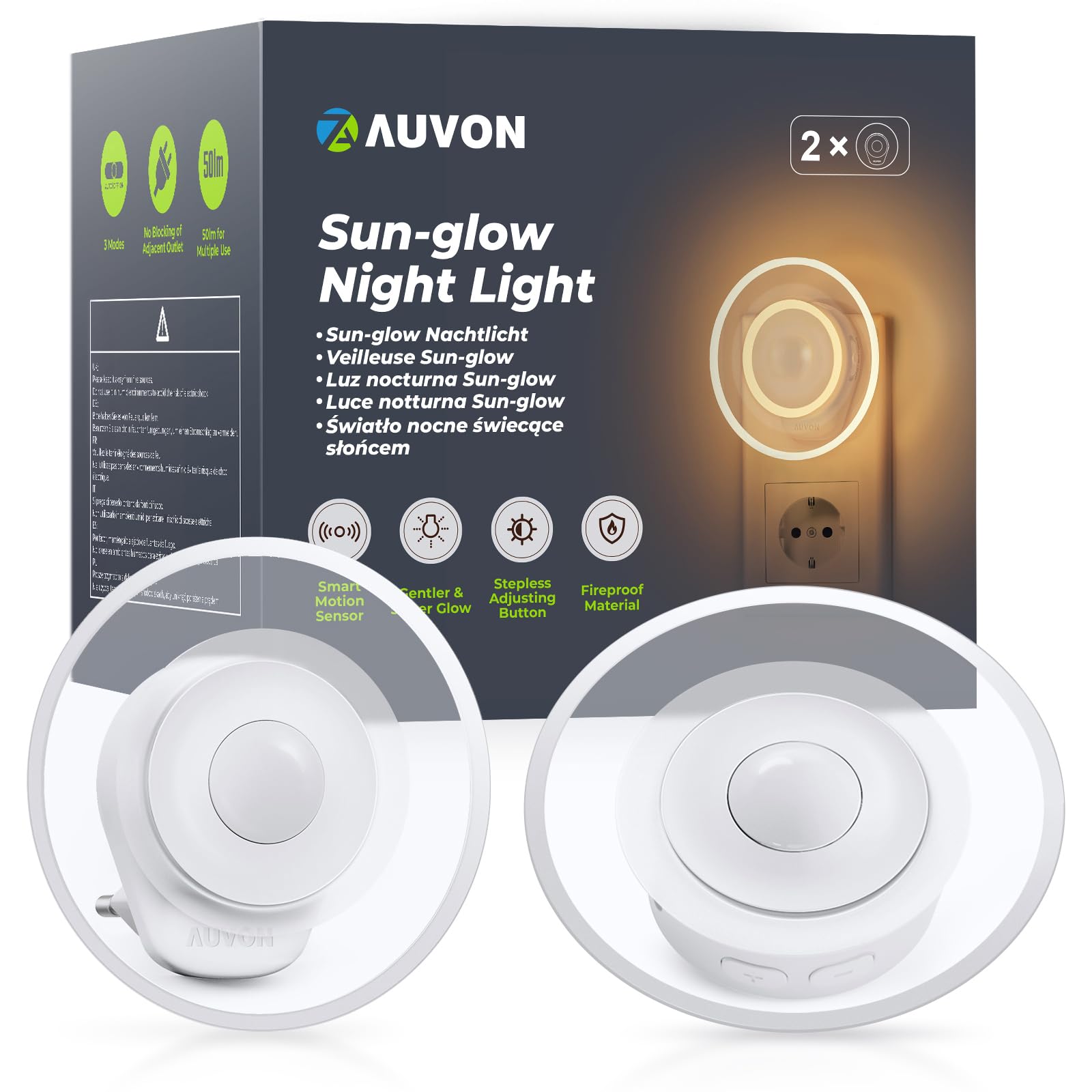 AUVON Sun-glow Nachtlicht Steckdose mit Bewegungssensor, 2 Stück Warmweißes LED Nachtlicht mit 1-50 lm, Helligkeit Einstellbar für Kinder, Schlafzimmer, Gang, Küche