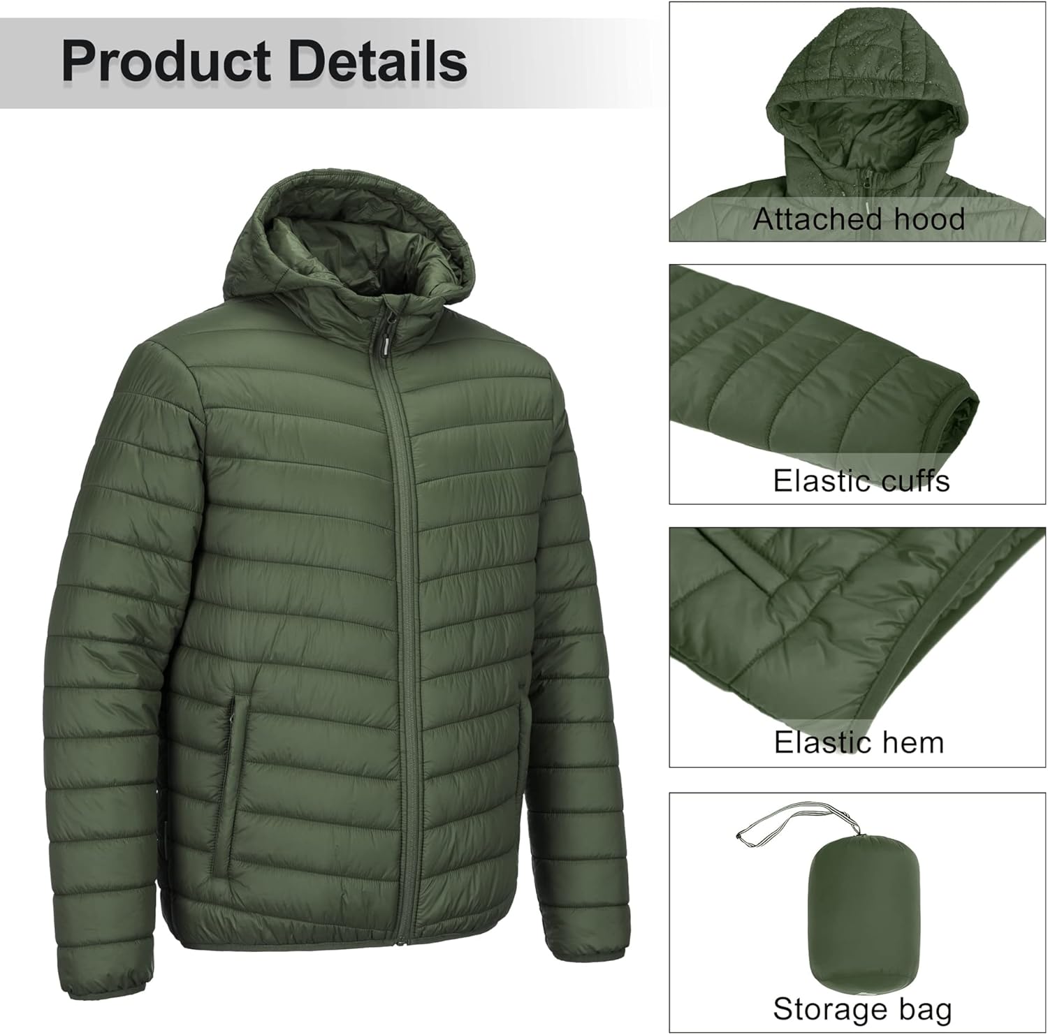 Outdoor Ventures Men's Lightweight Packable Hooded Puffer Jacket Insulated Winter Coat for Snow Ski Traveling - Image 5