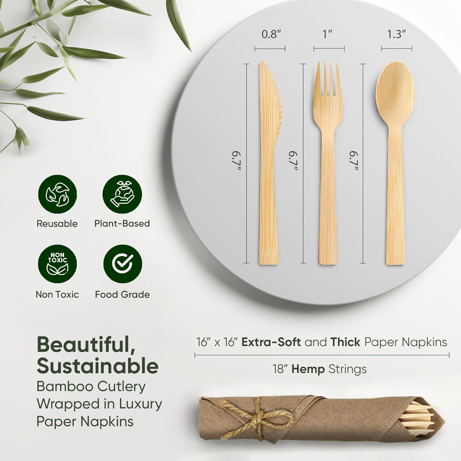 Premium Pre Rolled Brown Paper Napkin and Bamboo Cutlery Set (50 Pack, 200 PCS) 100% Biodegradable, Disposable Wrapped Disposable Silverware Cutlery - Pre-Wrapped Bamboo Forks, Knives, Spoons