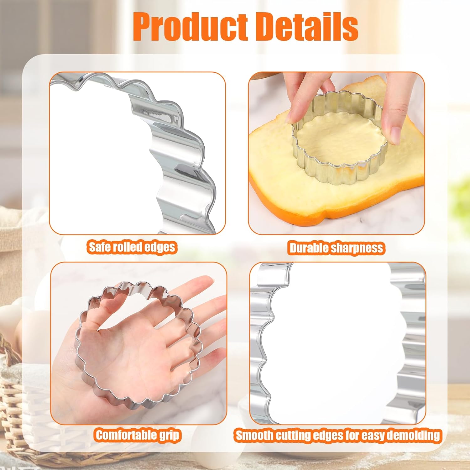 Fluted Round Cookie Cutter Set, Circle Shaped Geometric Circle Cookie Cutte, Stainless Steel, 5 Inch, 4 Inch, 3 Inch, 2 Inch, Large Donut Cutter Ring Scalloped Edger for Kitchen Baking