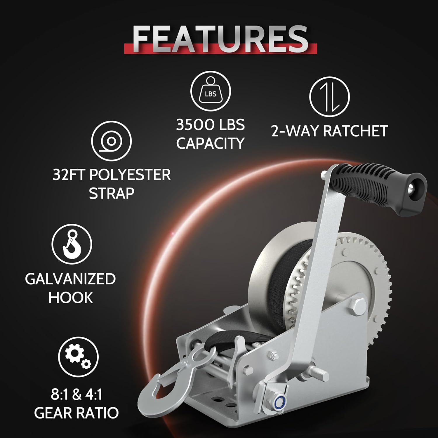 Boat Trailer Winch for Trailers, 3500 LB Heavy Duty Hand Manual Winch with 32FT Strap & Hook, Boat Accessories for Boat and Jet Ski Trailer
