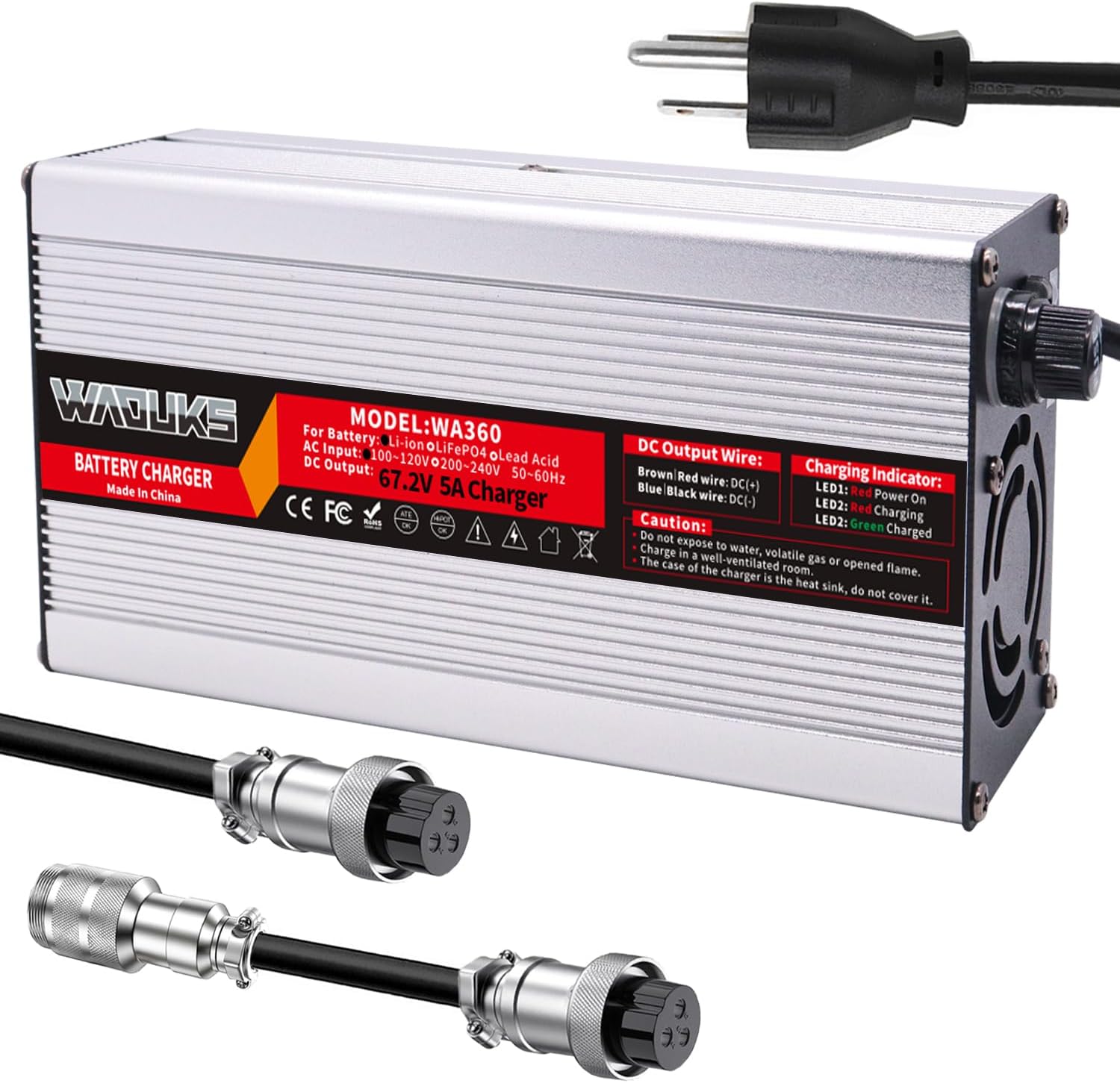 67.2V 5A Charger 67.2V Lithium Battery Charger 60V Smart Charger Output GX16-3pin 1+ 3-/GX16-3pin 1+ 2- Connector Used for 16S 60V Li-ion Battery Pack