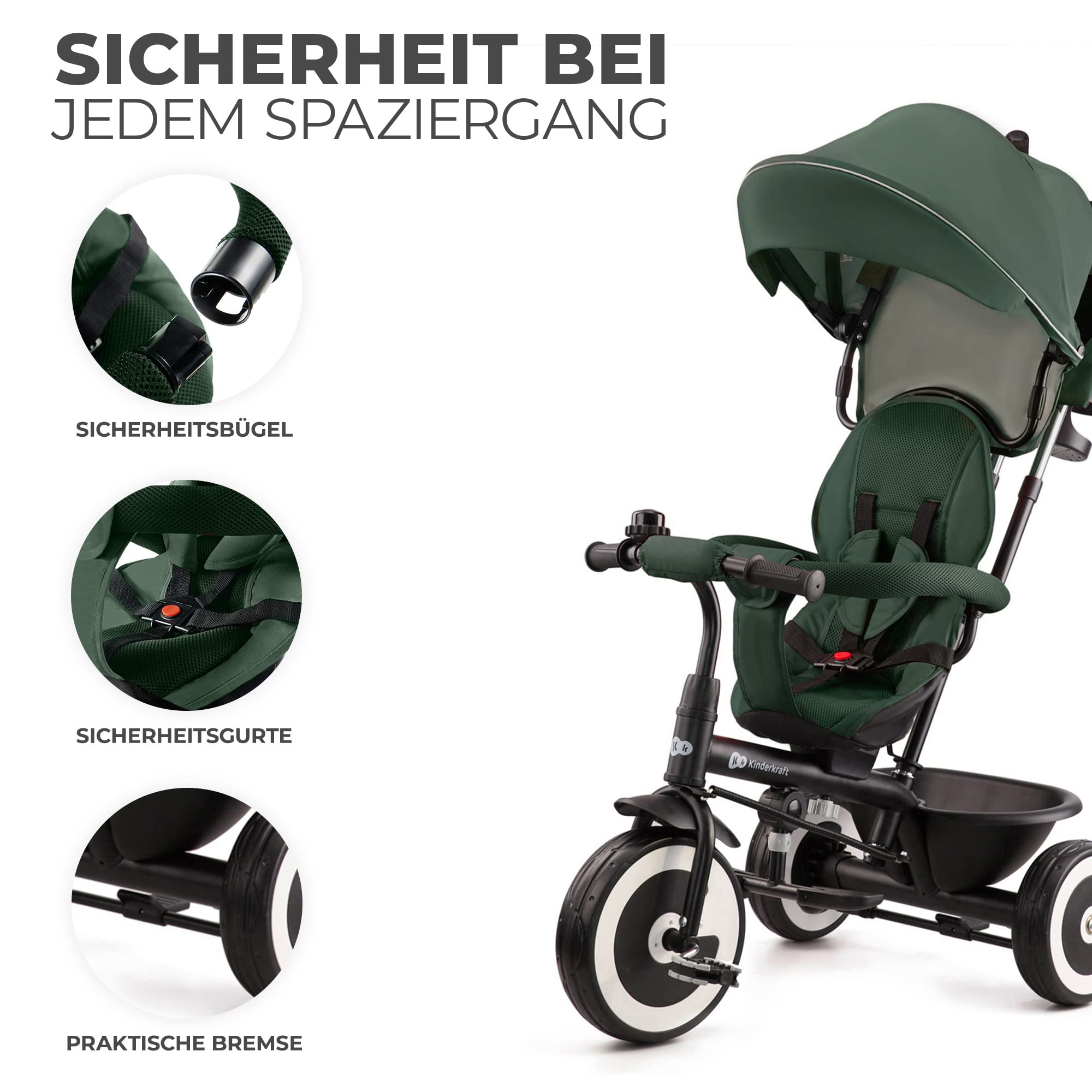 Kinderkraft Aston Dreirad ab 9 Monate bis 25 kg, Kinderdreirad mit schubstange, drehbarer Sitz Vorwärts und Rückwärtsfahrt, ausklappbarem Verdeck mit Sonnenschutz, Getränkehalter Korb im Set, Grün