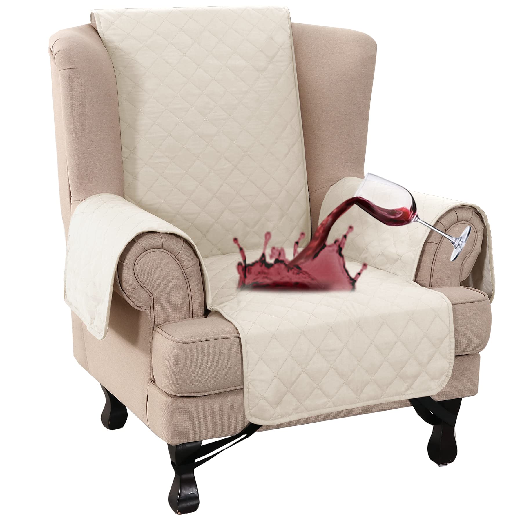 Turquoize 100% Waterproof Wing Chair Cover Wing Armchair Slipcovers Chair Couch Protector Triple Non-Slip Sofa Slipcover for Wing Chair Furniture Protector for Pets, Kids,Dog (Wing Chair, Ivory)