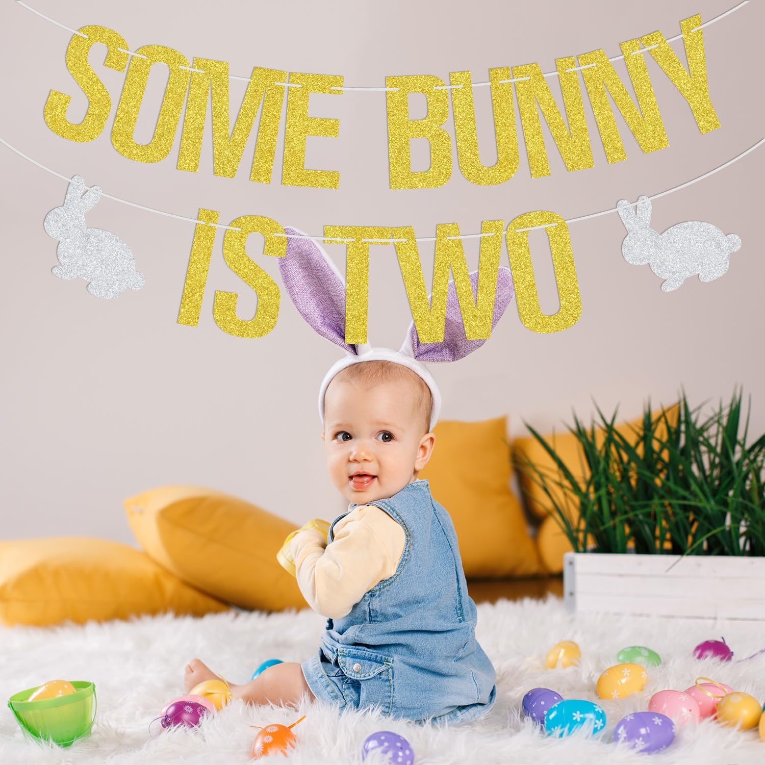 Some Bunny is Two Banner, Easter 2nd Birthday Banner, Spring Easter Bunny Theme Baby 2nd Birthday Party Decorations