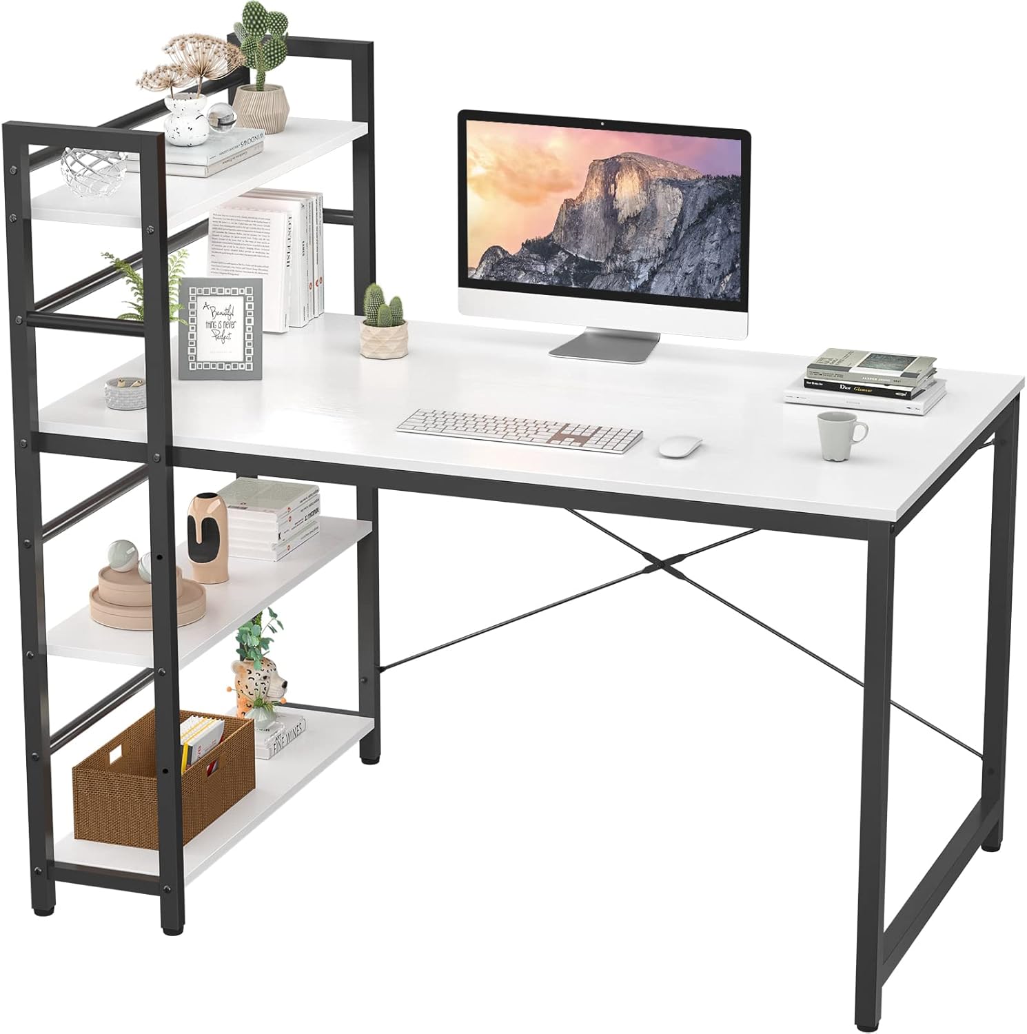 Topfurny Computer Desk with Shelves, 47 inch Modern Writing Study Desk with Storage Shelf, Study Table Work Desk for Small Space Desk with Shelf Office Bookshelf Corner Desk Easy Assemble, White