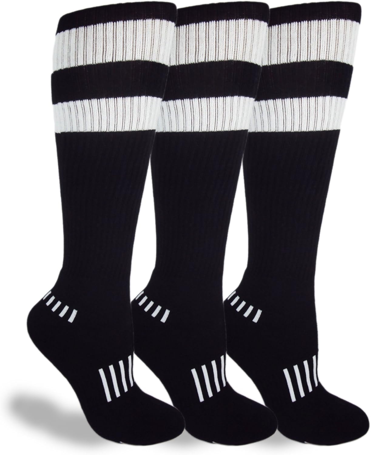 MOXY Socks Vintage Stripe Soccer Knee High Socks 3 Pack, Black White Retro 70s Style Athletic Socks, Over the Calf Sports Socks for Soccer Football Training